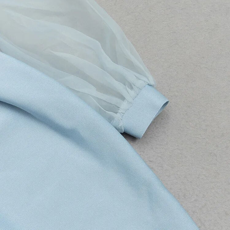 V-neck Bubble Sleeve Patchwork Mid Bandage Dress