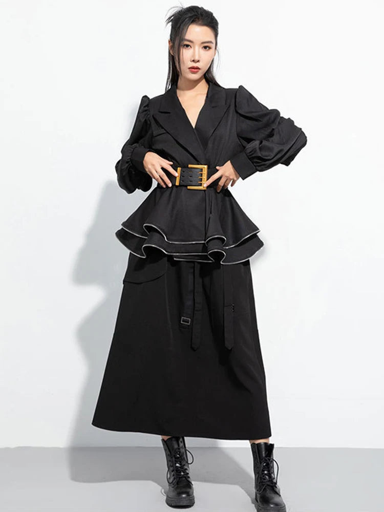 Belted Ruffles Zipper Elegant Lapel Lantern Sleeve Blazer