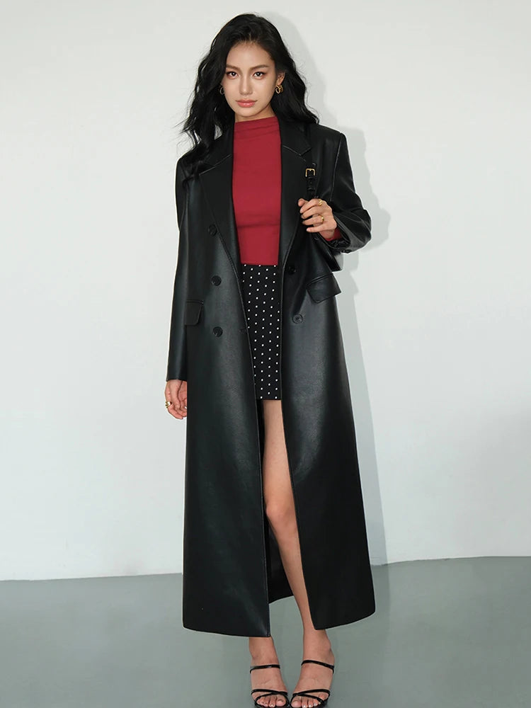 PU Leather Notched Collar Loose Double Breasted Long Sleeve Overcoat