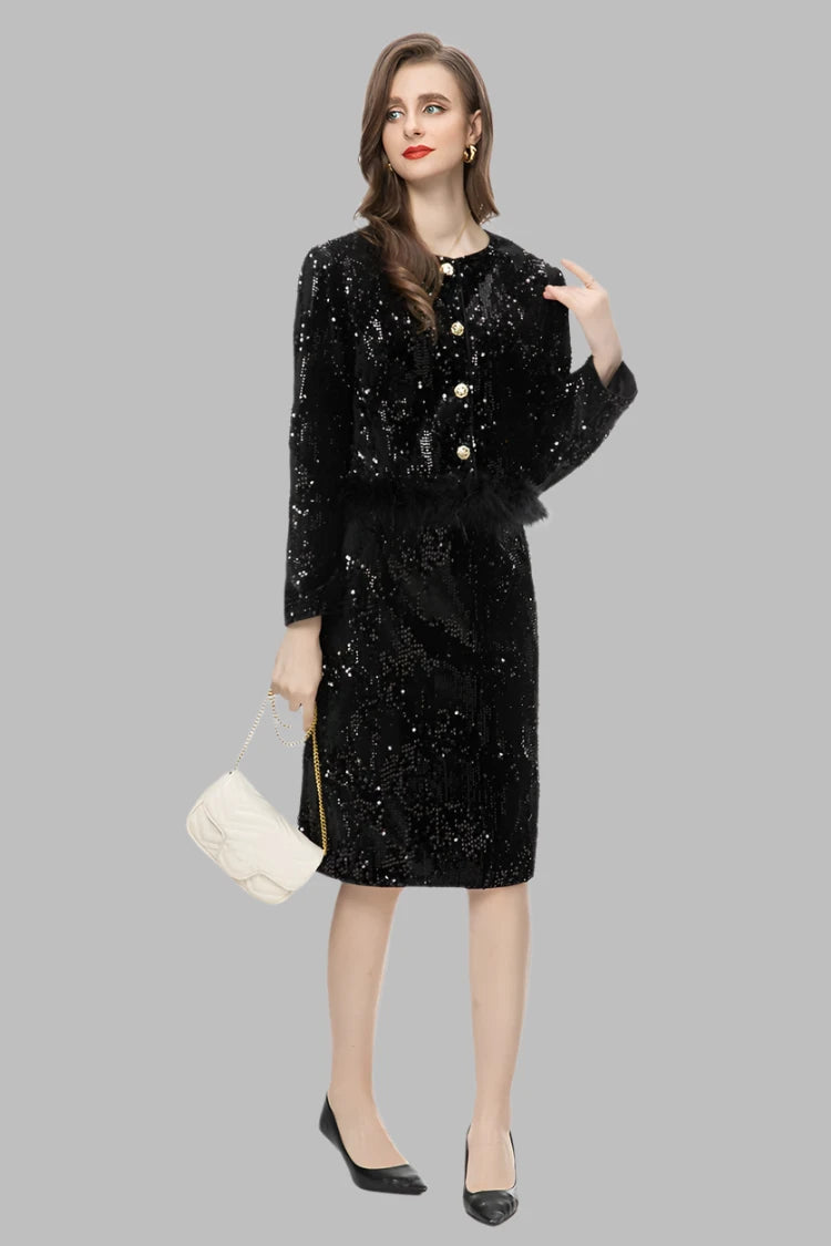 Vintage Feather Patchwork O Neck Sequins Mini Coat Mid Skirt Set