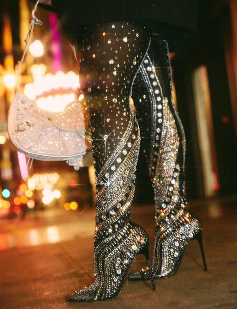 Crystal Embellished Stretch Thigh High Heel Over The Knee Boots