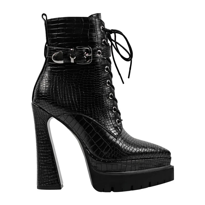 PU Leather Double Platform Side Zipper Lace up Ankle Boots