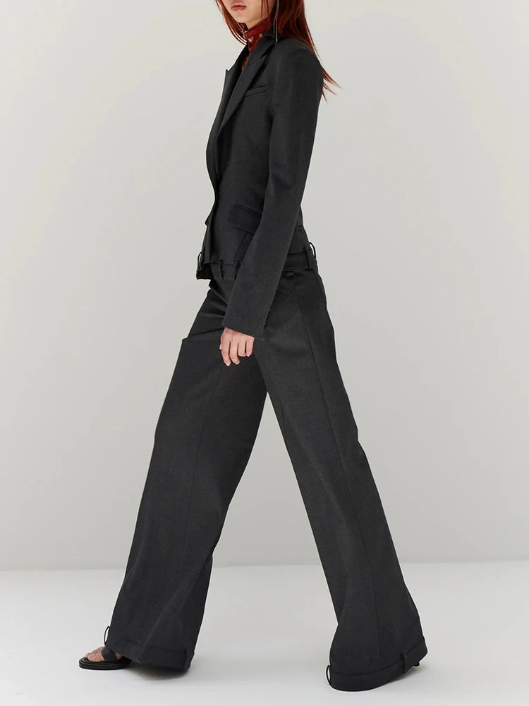 Notched Collar Long Sleeve Irregular Blazers High Waist Wide Leg Trouser Set