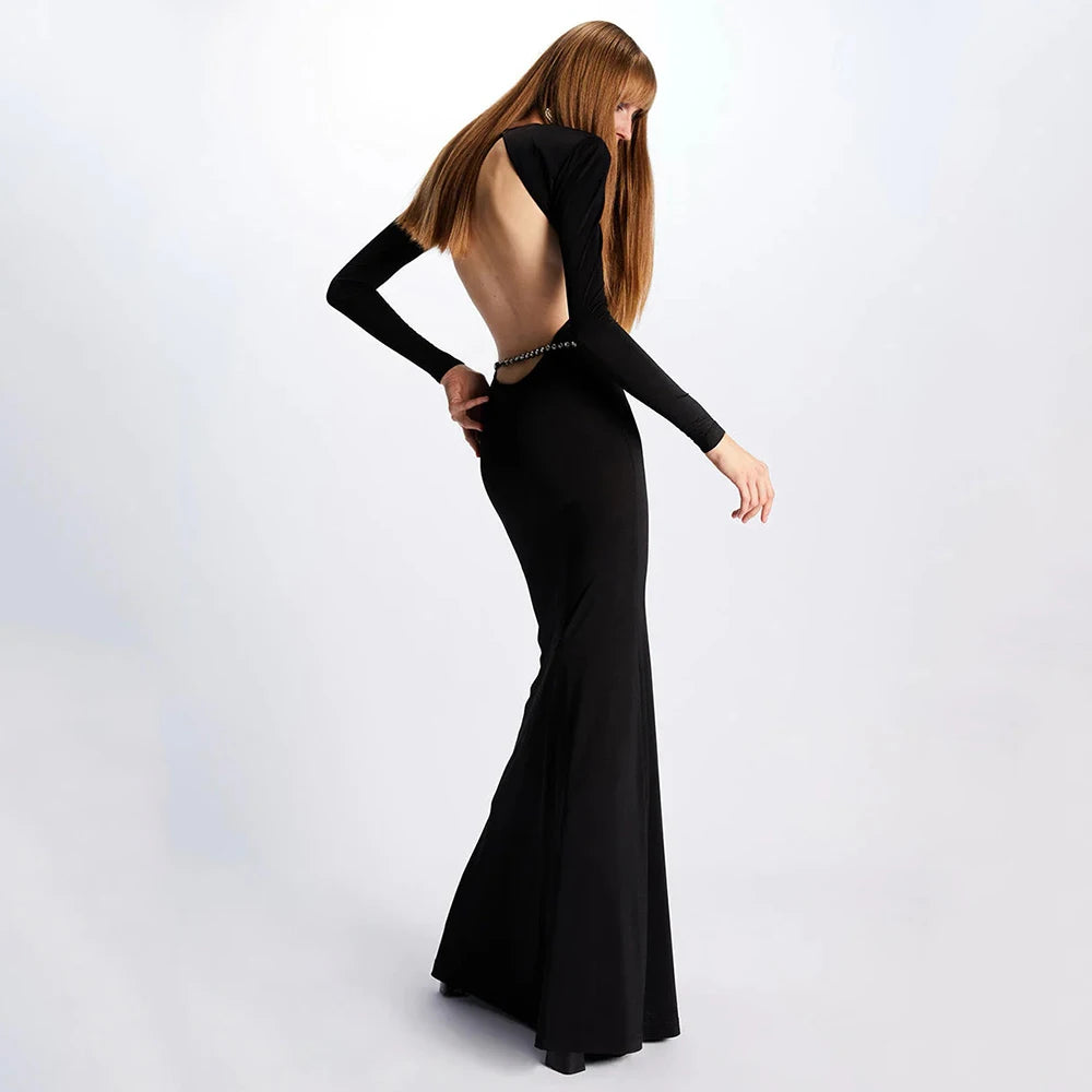 Tight Long Sleeve Open Back Diamond Crystal Belt Maxi Dress