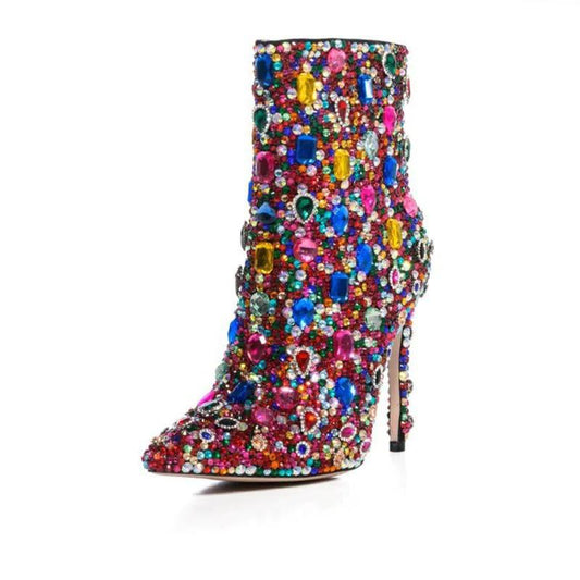 Pointed Toe Rhinestone Crystal Thin Heel Ankle Boots