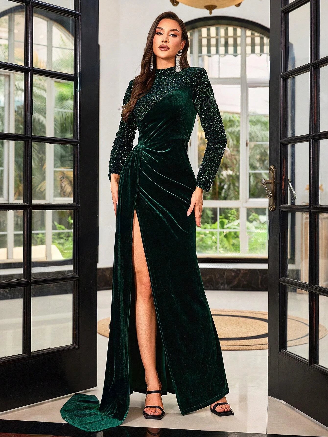 Long Sleeve Stand Collar Sequin Split Flowy Formal Maxi Dress