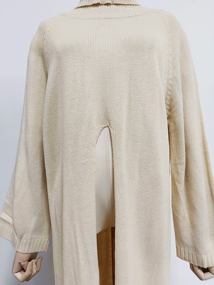 High Split Turtleneck Long Sleeve Split Knitting Maxi Pullover