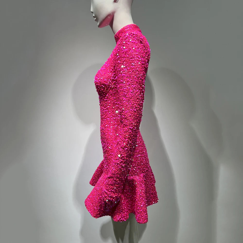 Sequins High Waist Tight Long Sleeve A-line Mini Dress