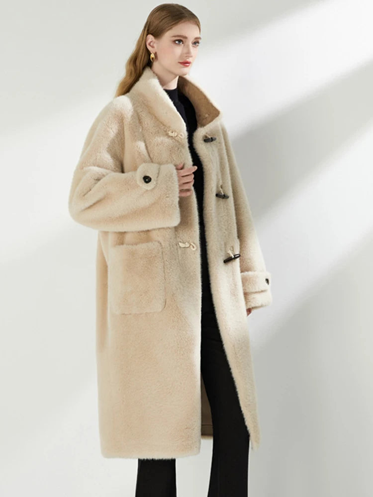 Stand Collar Single Button Pockets Loose Thick Warm Faux Fur Overcoat