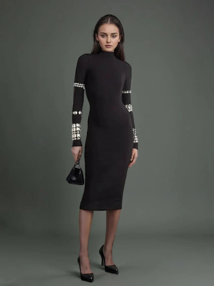 Patchwork Diamonds Turtleneck Long Sleeve High Waist Mid Dress