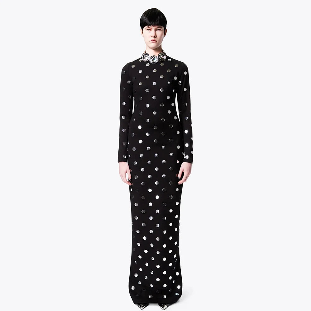 Long Sleeve Sequin Button Polka Dot Tight Maxi Bandage Dress