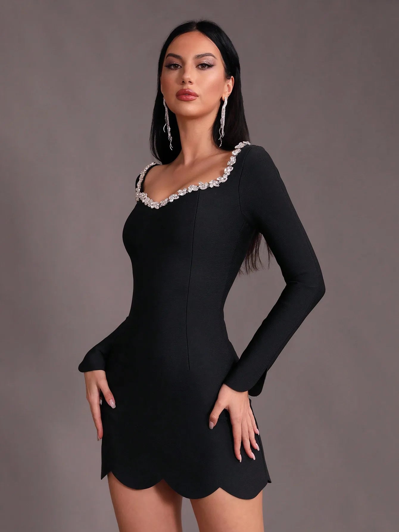 Long sleeve Diamond  Square Neck Short Tight Bandage Mini Dress