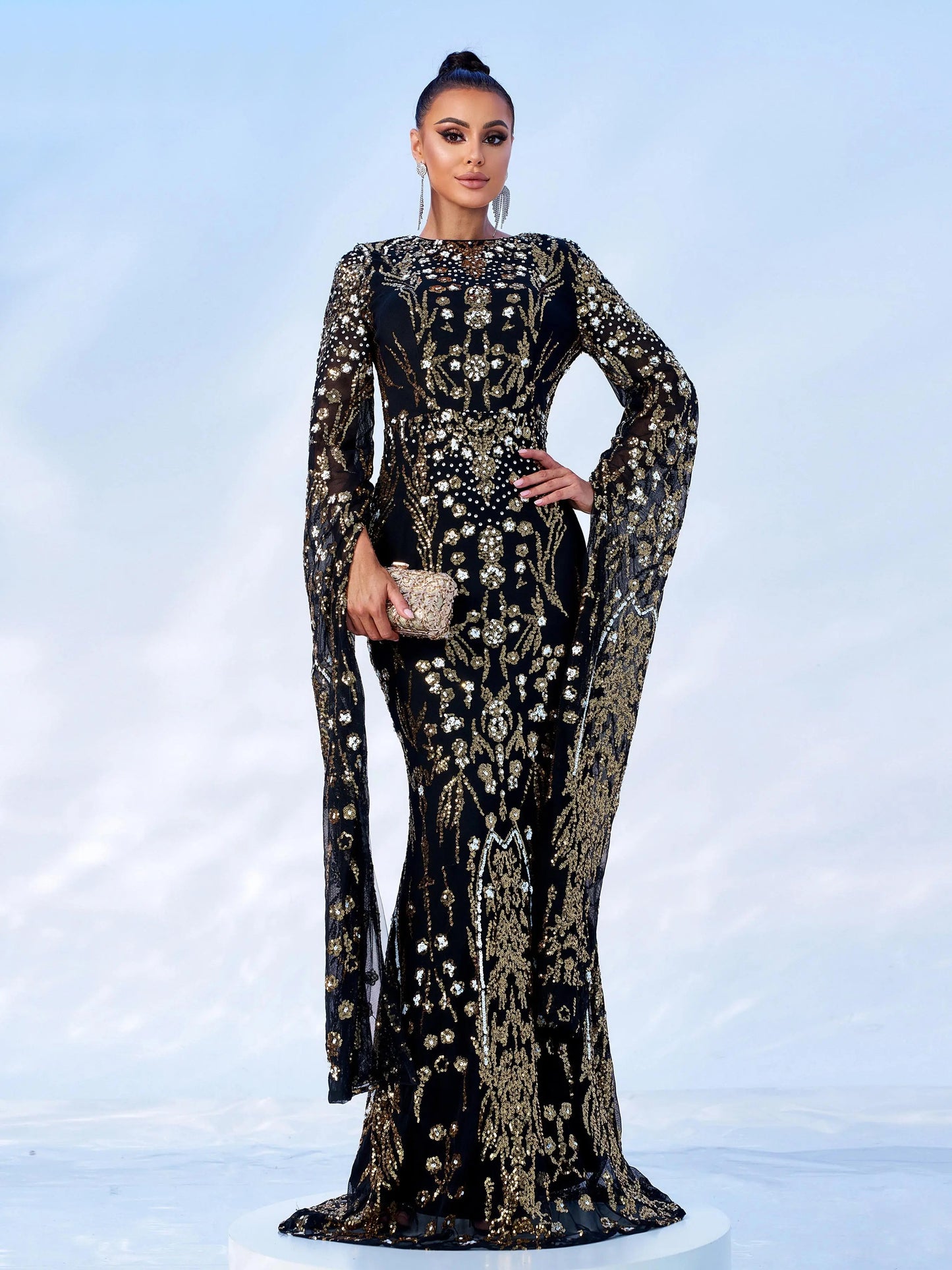 O Neck Sequin Extend Sleeves Formal Mermaid Maxi Dress