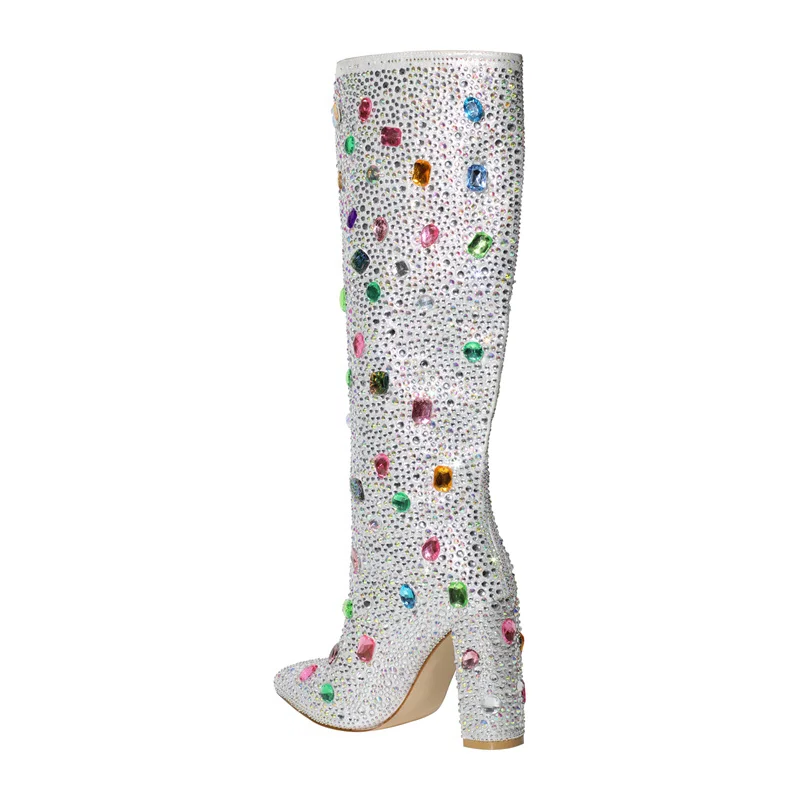 Pointed Toe Rhinestone Block Heel Knee High Boots