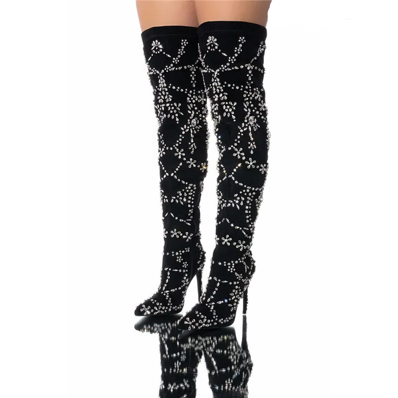 Rhinestone Flock Thigh High High Heels Over The Knee Boots