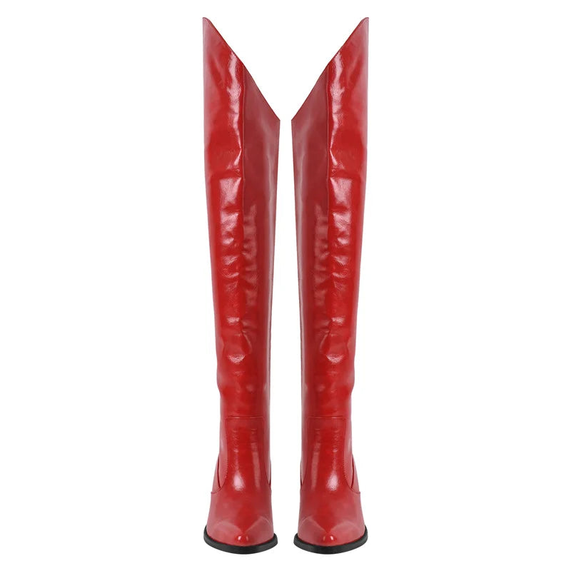 PU Leather Pointed Toe Square Mid Heel Thigh Over The Knee High Boots