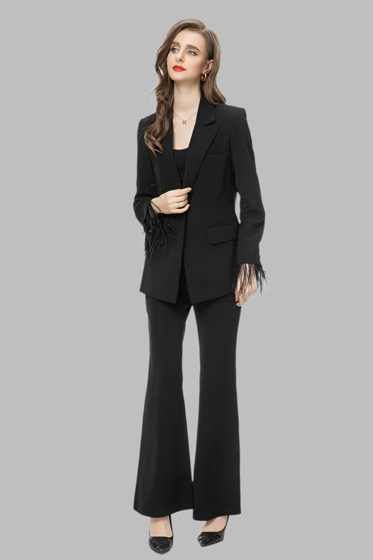 Lapel Caller Tassels Feather Long Sleeve Blazer Straight Trousers Set