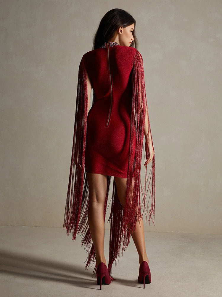 Sleeveless O Neck Tassel Claret Hollow Out Shiny Bandage Mini Dress