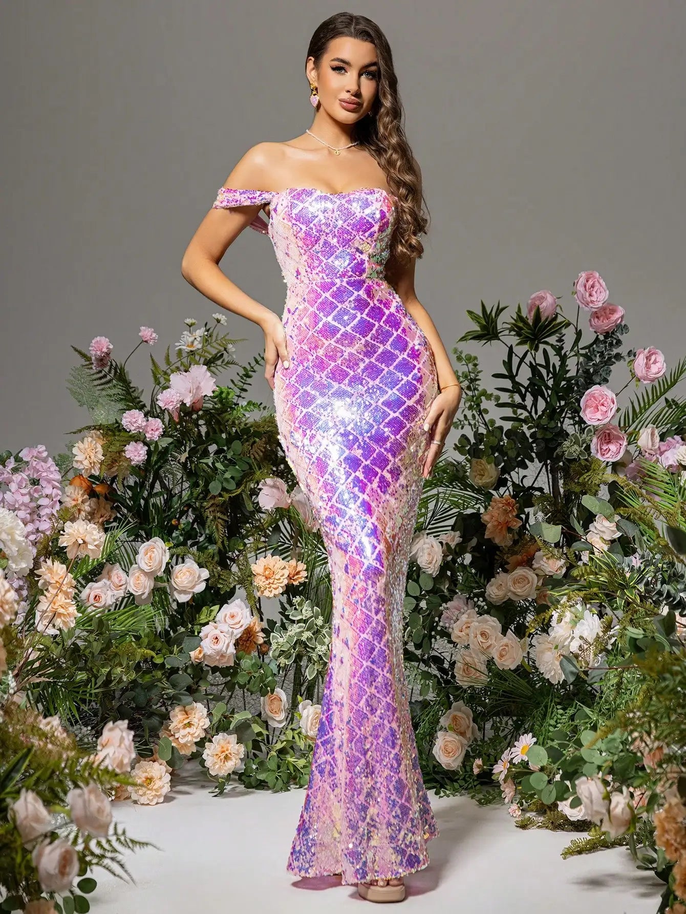 Off Shoulder Colourful Plaid Sequins Glitter Mermaid Maxi Dress