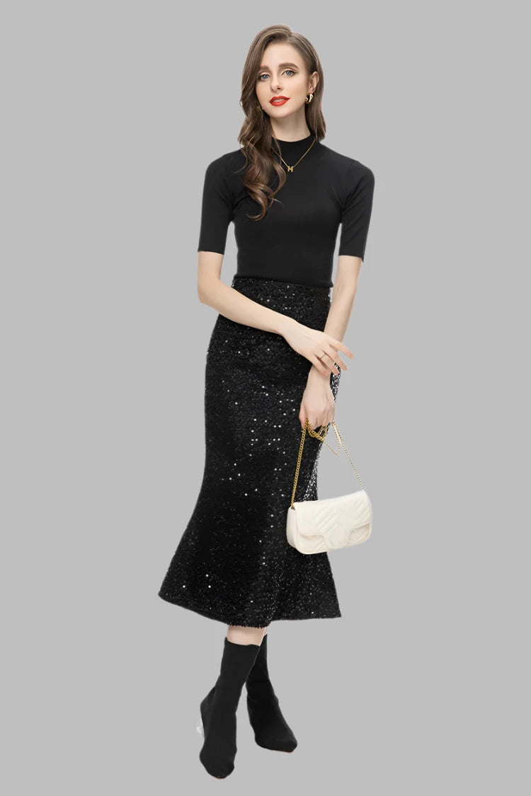 Vintage Stand Collar Slim Top Sequins Mid Skirt Set