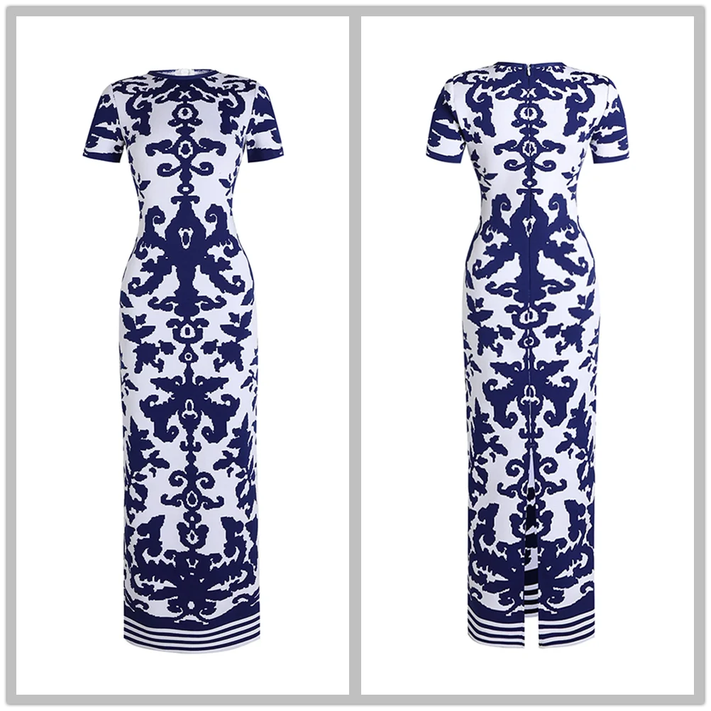 Short Sleeve Blue & White Porcelain Printed Tight Bandage Maxi Dress