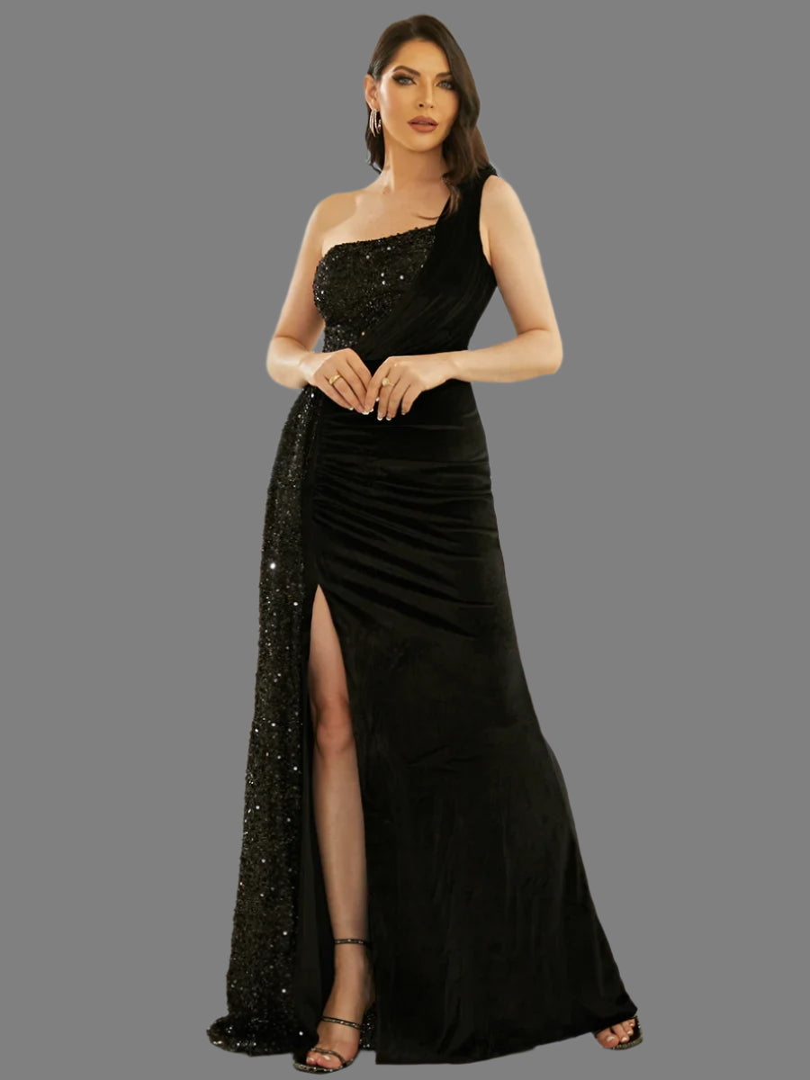 One Shoulder Chic Draped Sequin Panel Velvet Split Prom Maxi Dress