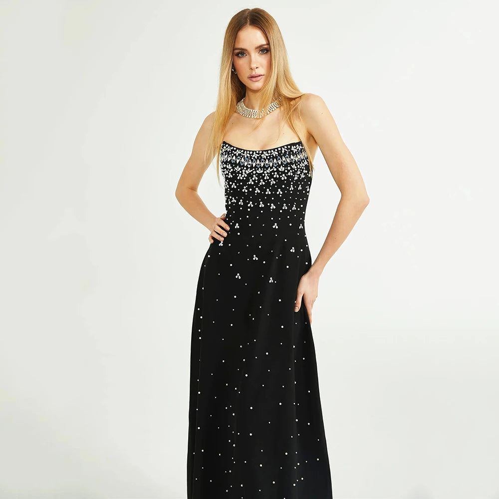 A-line Strapless Crystal Diamond Pearl Bra Maxi Dress