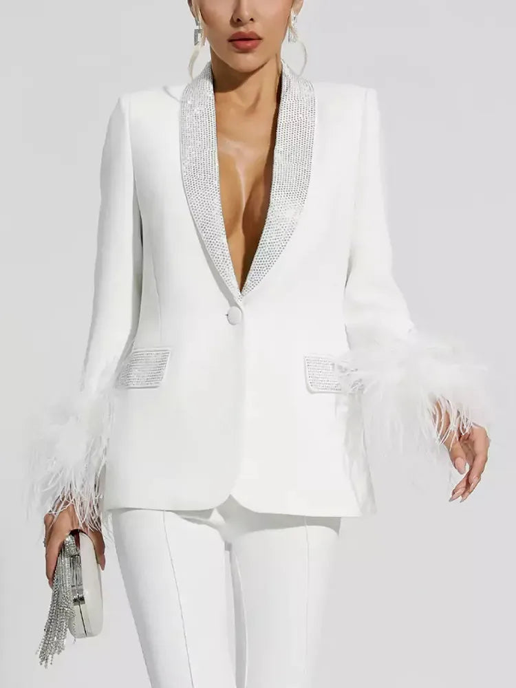 Shawl Collar Detachable Feathers Long Sleeve Patchwork Diamonds Blazers