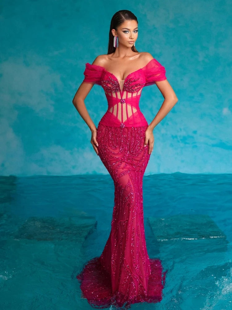 Off The Shoulder Corset Crystal Luxury Beading Mermaid Maxi Dress