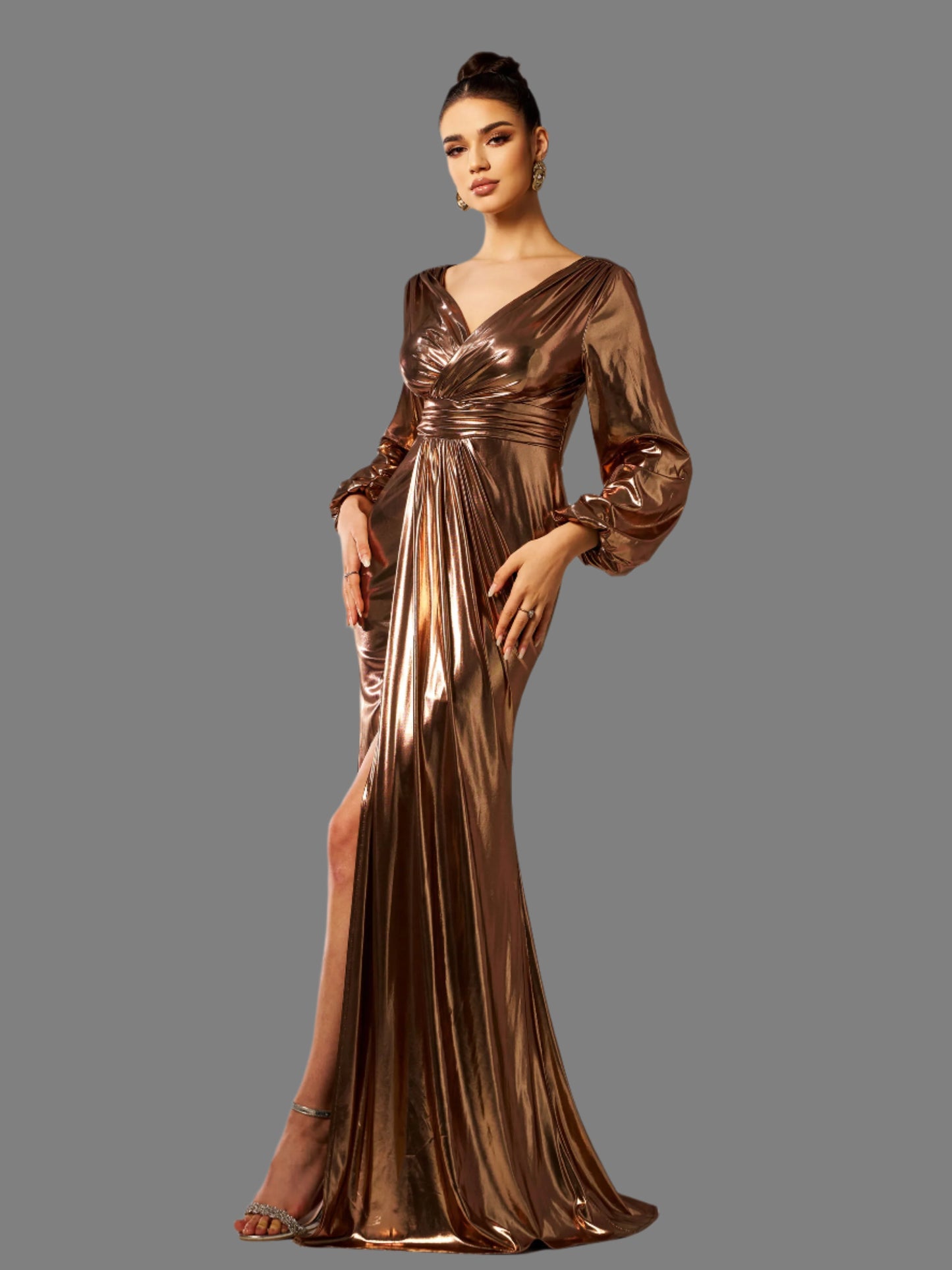 V Neck Lantern Sleeves Split Formal Prom Maxi Dress