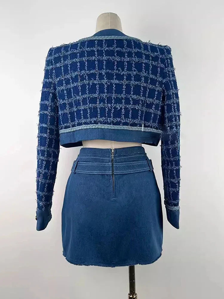 Plaid Long Sleeve Denim Short Coat Waist Button Mini Denim Skirt Set