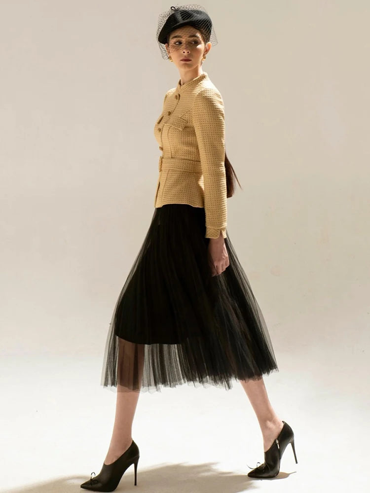 Belted Single Breasted Tweed Stand Collar Coat Gauze Pleated Mid Skirt Set