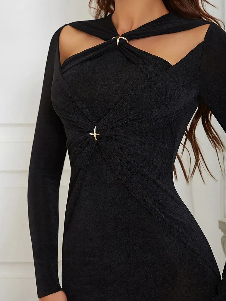 V Neck Long Sleeve Hollow Out Split Maxi Dress