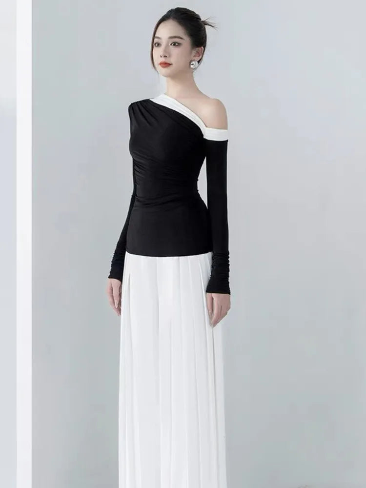 Knitted Stretch Skew Collar Contrast Colour Waist Top Loose Pleated Trouser Set