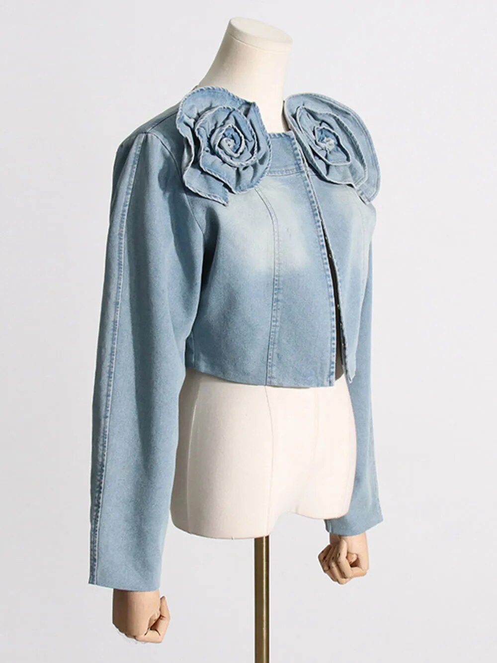 Covered Button 3D Flower Short Denim Jacket