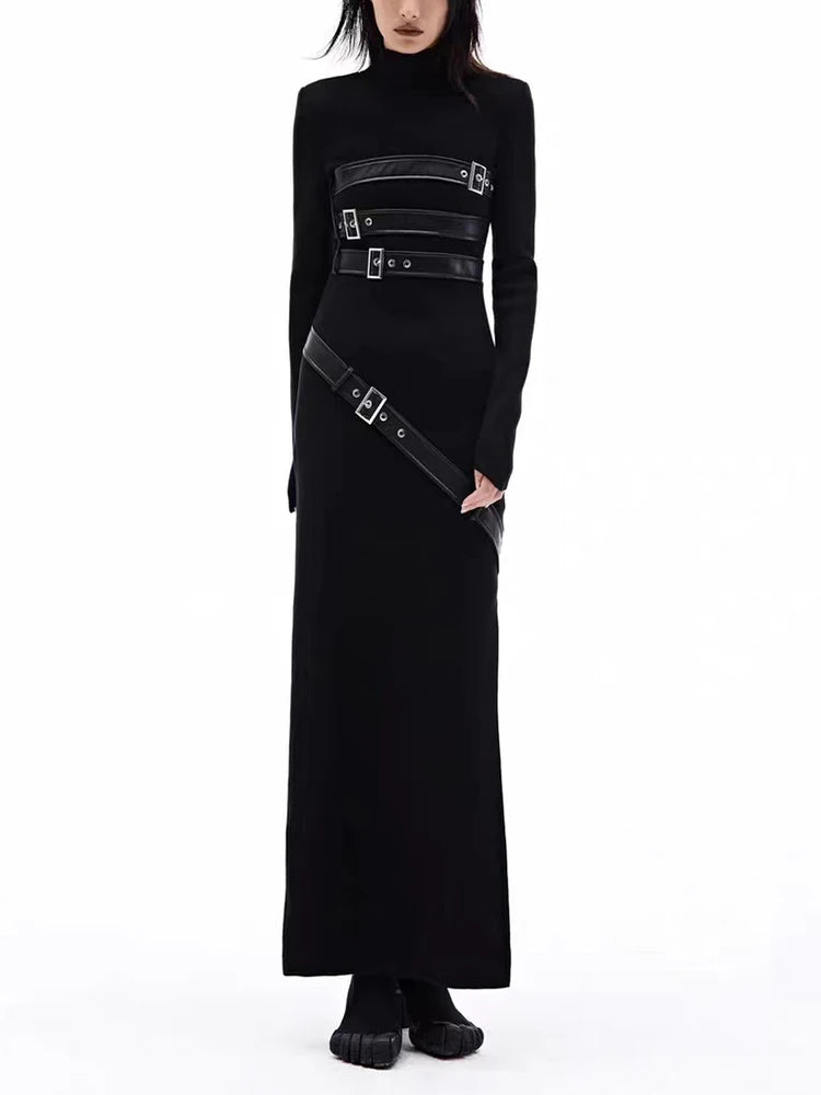 Spliced Belt Split Stand Collar Long Sleeve High Waist A Line maxi Dress