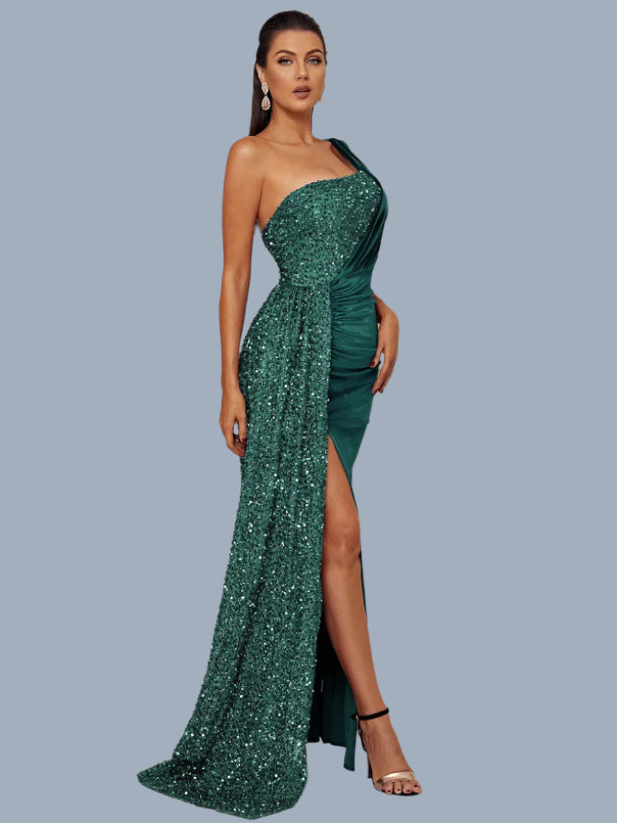 One Shoulder Chic Draped Sequin Panel Velvet Split Prom Maxi Dress