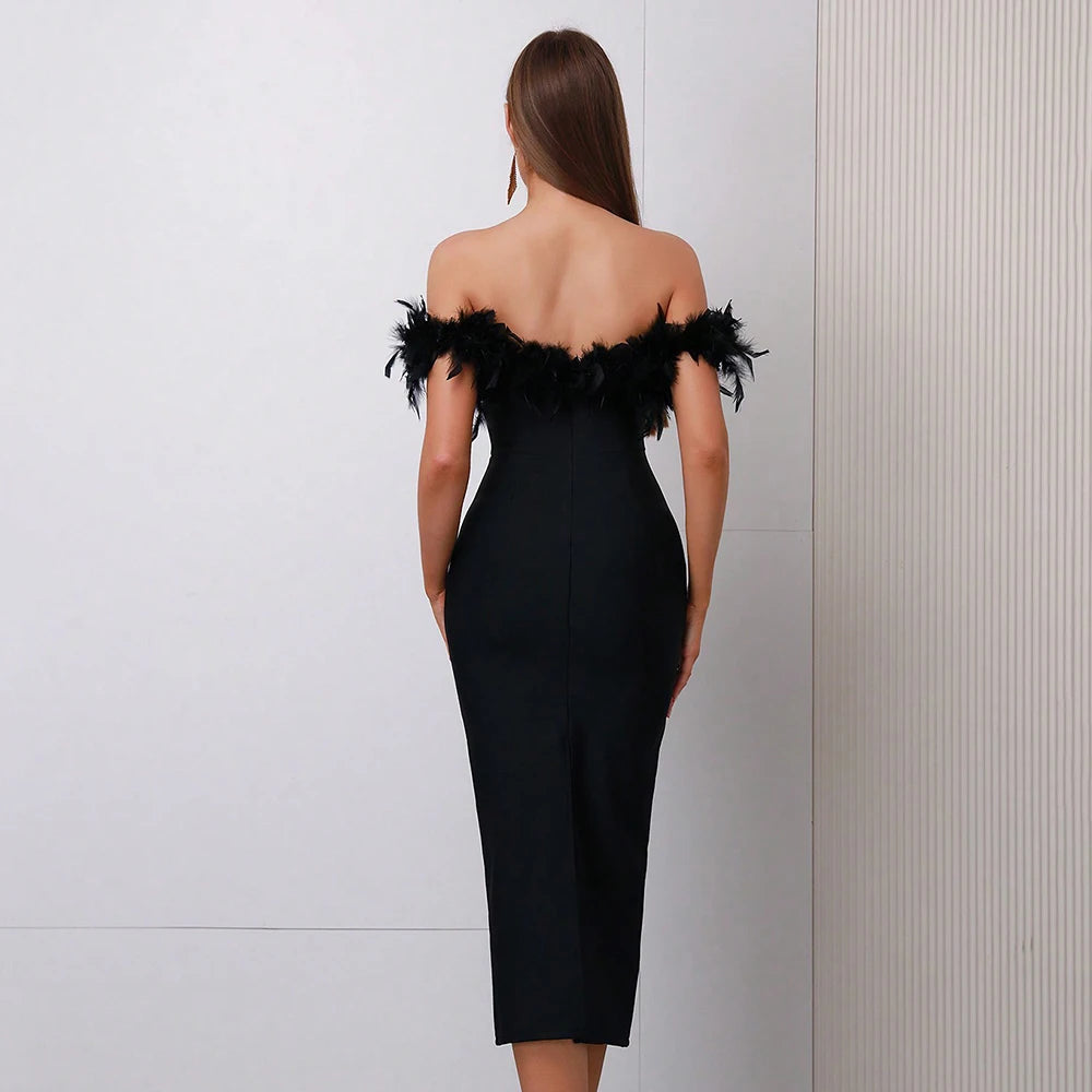 Strapless Feather Shoulder Tight Mid Bandage Mid Dress
