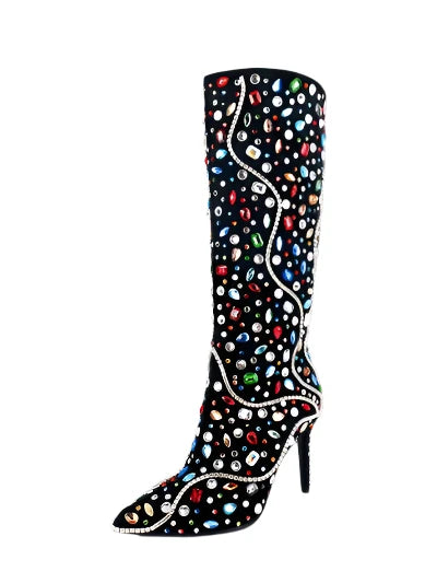 Rhinestone Pointed Toe Bling Crystal Thin High Heel Knee High Boots