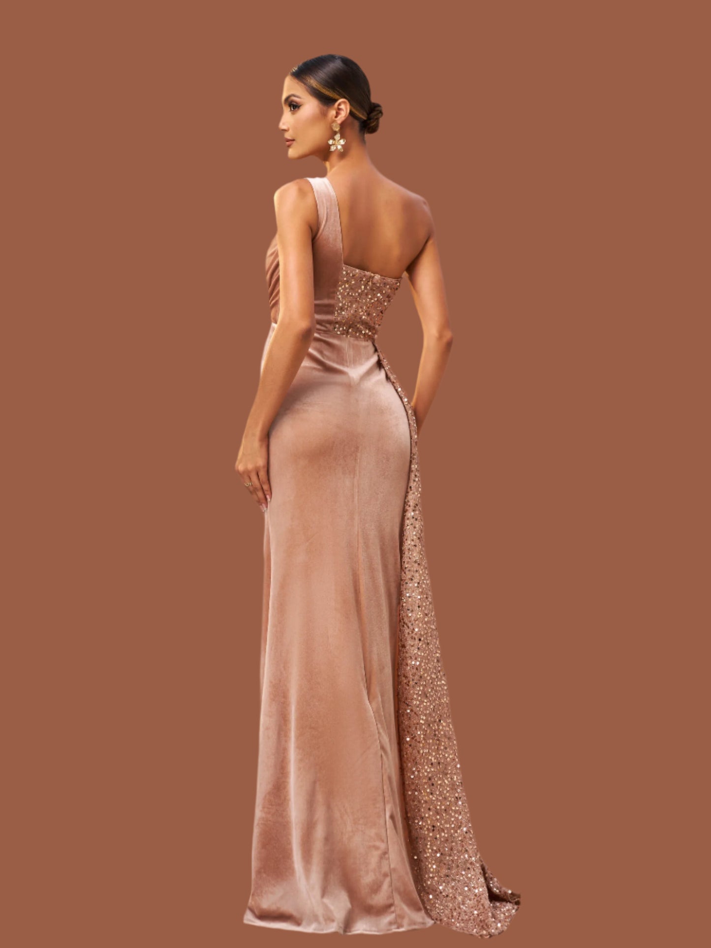 One Shoulder Chic Draped Sequin Panel Velvet Split Prom Maxi Dress