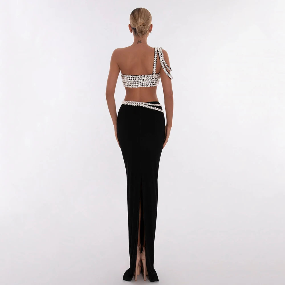 Slash neck Diamond Short Top Tight Maxi Skirt Set