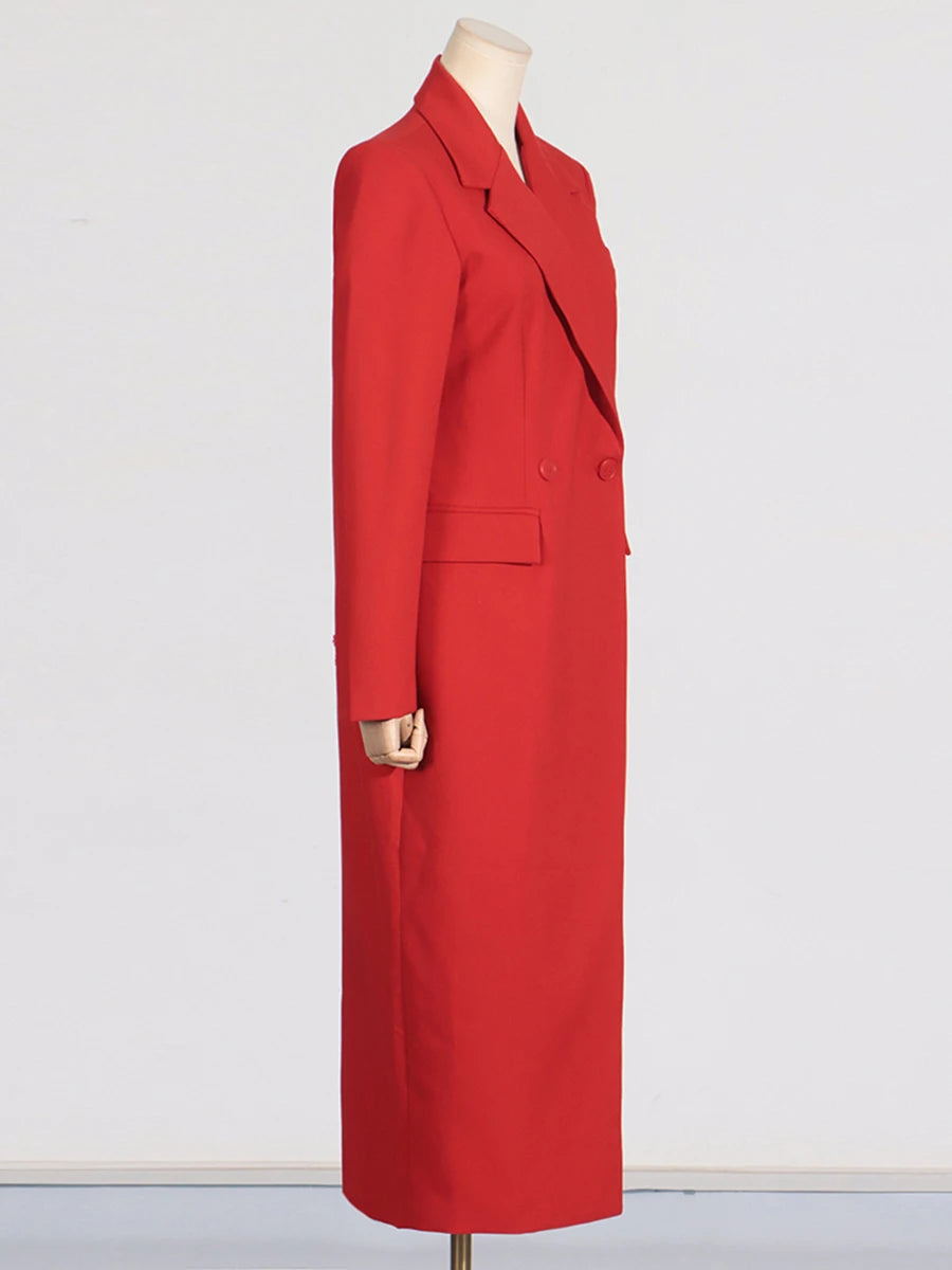 Spliced Pockets Notched Collar Long Sleeve Spliced Button Maxi Coat