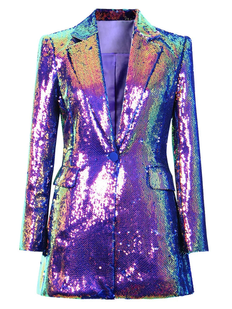 Sequin Notched Single Button Pockets Slim Colourful Blazer