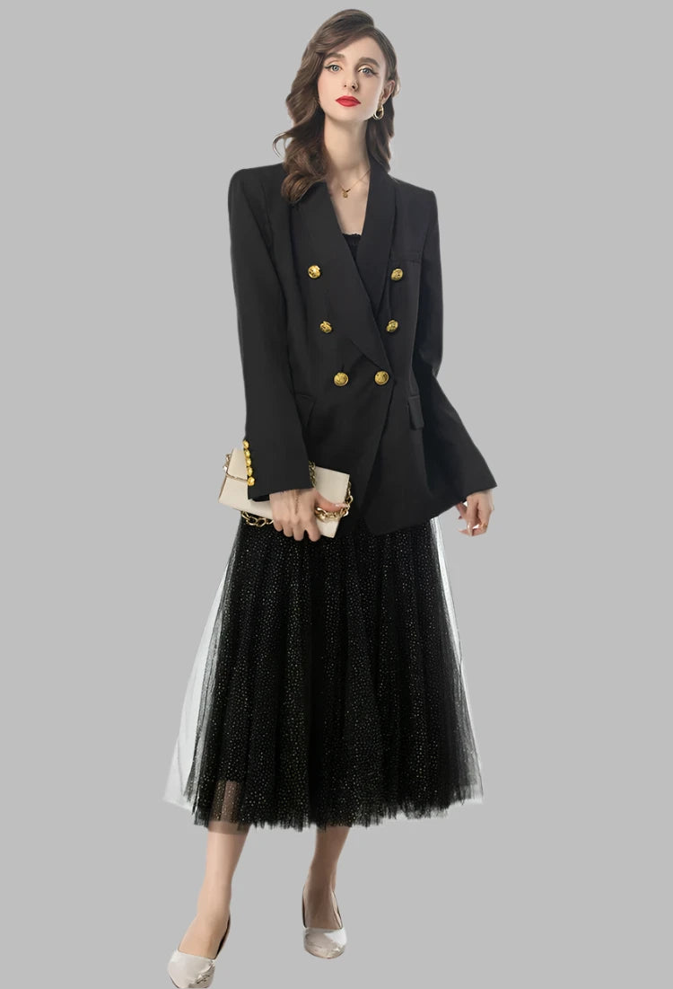 Long Sleeve Gold Button Blazer Mash Polka Dot Flutter Skirt Set