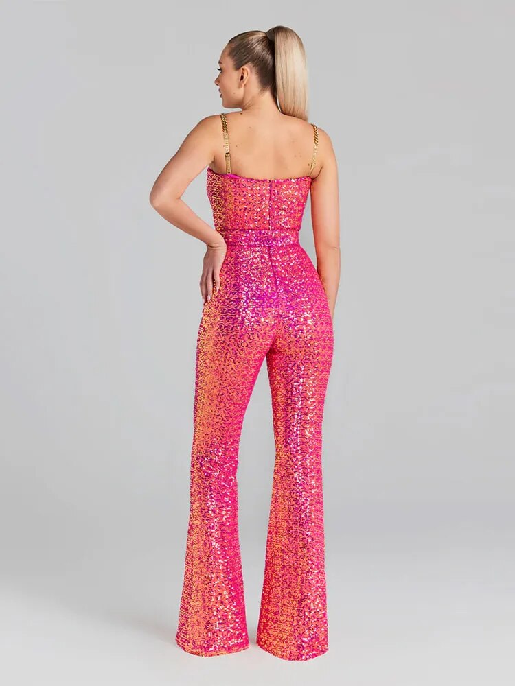 Shiny Sequin Spaghetti Strap Chain Sleeveless Tight Flare Jumpsuit