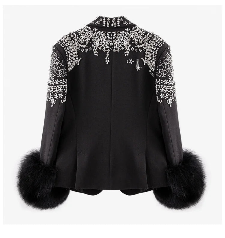 Irregular Rhinestone Single Button Feather Spliced Sleeve Blazer