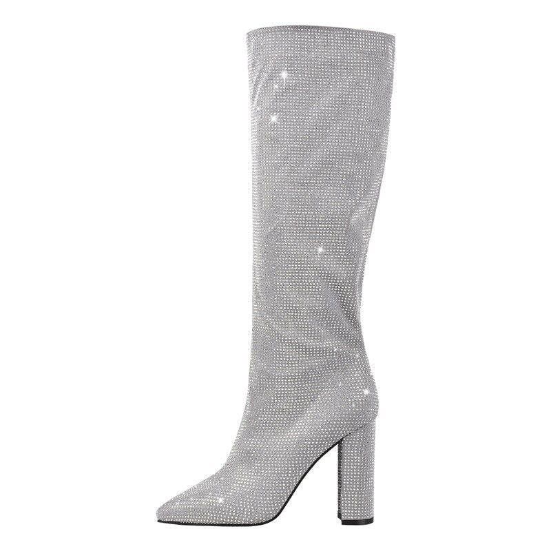 Rain Stone Round Toe Crinkle Mid Calf Chunky Square Heels Boots