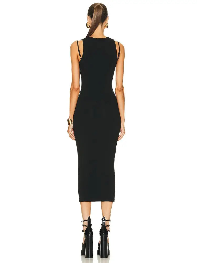 Sleeveless Deep V-Neck Fish Bone Black Mid Bandage Dress