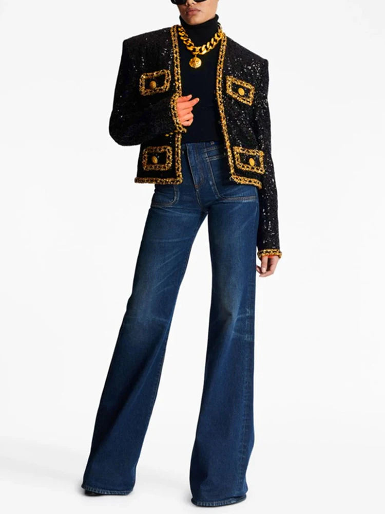 Gold Chains Button Patchwork Sequined Short Jacket