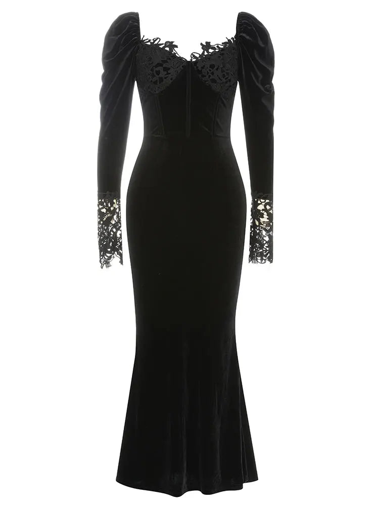 Velvet Long Sleeve Hollow Embroidery Out Mermaid Maxi Dress